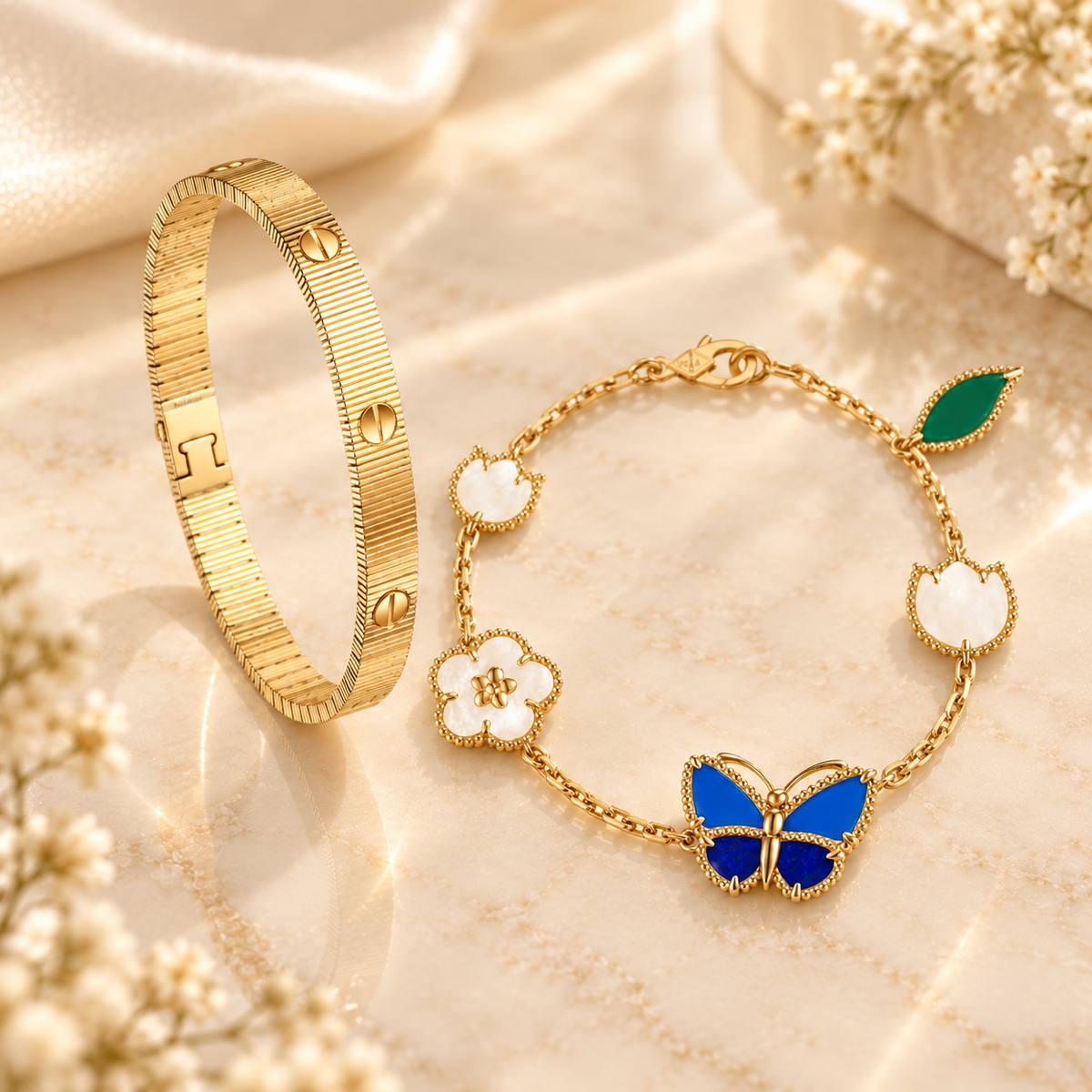 [Noble Aura jewelry] Lucky Spring Butterfly 5-Motif & LOVE Unlimited Bracelet Stack Set