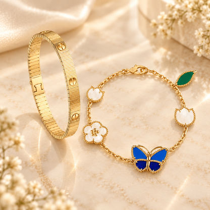 [Noble Aura jewelry] Lucky Spring Butterfly 5-Motif & LOVE Unlimited Bracelet Stack Set