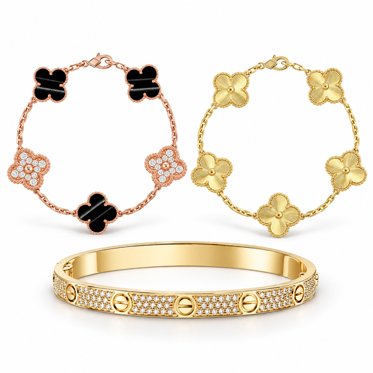 [Noble Aura jewelry]Clover Laser  Pulsar Stone 5-Motif & LOVE Diamond-Paved Bracelet Stack Set