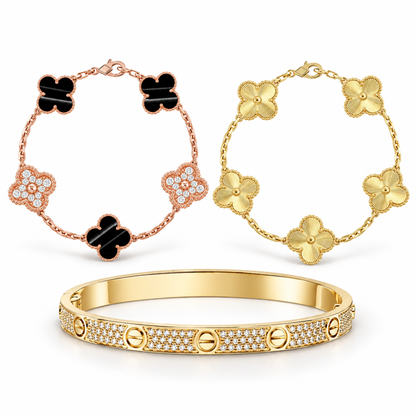 [Noble Aura jewelry]Clover Laser  Pulsar Stone 5-Motif & LOVE Diamond-Paved Bracelet Stack Set