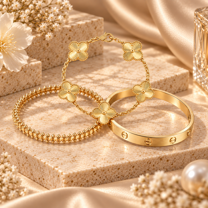 [Noble Aura jewelry] CLASH & Clover Laser 5-Motif & LOVE Brushed Bracelet Stack Set