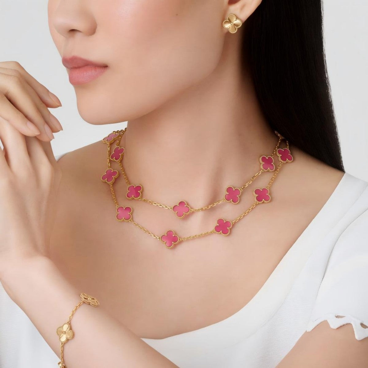 [Noble Aura jewelry]Clover Pink Enamel Necklace & Earring Jewelry Set