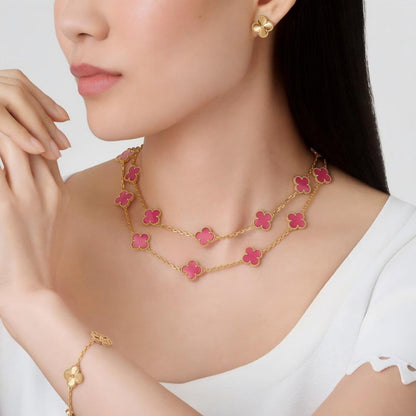 [Noble Aura jewelry]Clover Pink Enamel Necklace & Earring Jewelry Set