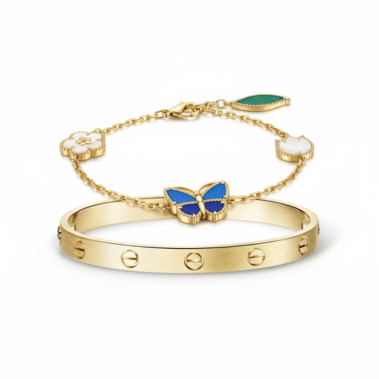 [Noble Aura jewelry] LOVE Brushed & Lucky Spring Butterfly 5-Motif Bracelet Stack Set
