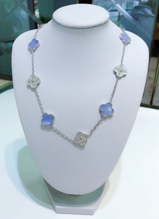 [Noble Aura jewelry]CLOVER 10 MOTIFS CHALCEDONY DIAMONDS SILVER NECKLACE