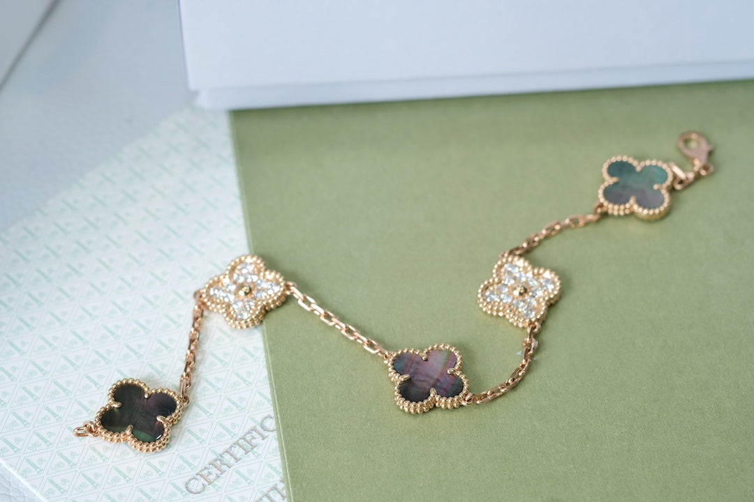 [Noble Aura jewelry]CLOVER 5 MOTIFS DARK MOP AND DIAMONDS PINK GOLD BRACELET